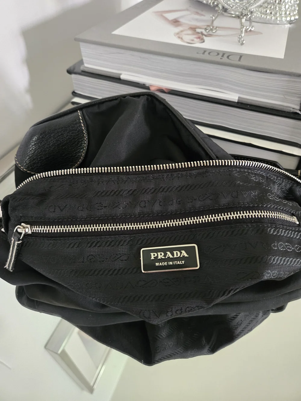 Prada Black Nylon Shoulder Bag with Leather Trim